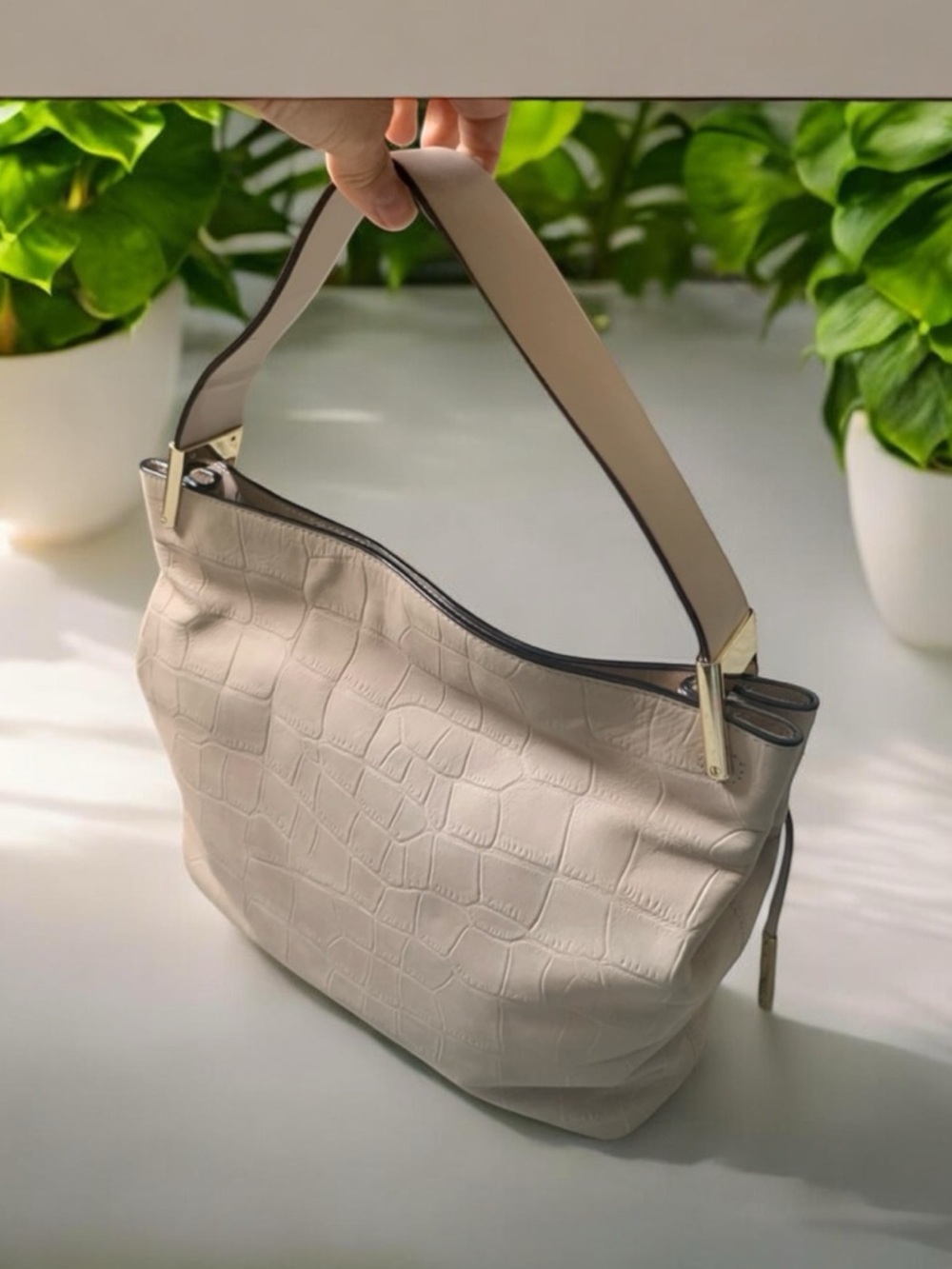 Kate Spade Kelly Anne Croc Embossed Leather Shoulder Bag Soft Taupe Blush - Picture 2 of 10